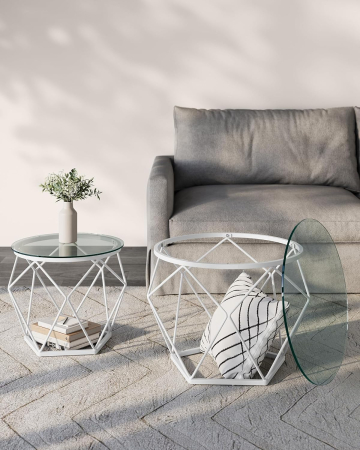 Set 2 masute rotunde, blat sticla securizata, cadru metalic alb, 40 si 50 cm, alb [3]