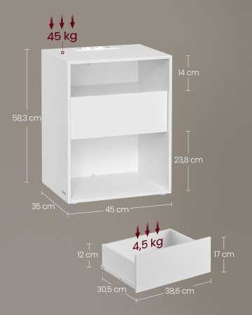 Set 2 noptiere cu porturi USB si prize, sertar si rafturi deschise, 45x35x58 cm, alb mat [1]