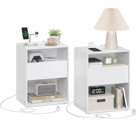 Articole pentru casă - Set 2 noptiere cu porturi USB si prize, sertar si rafturi deschise, 45x35x58 cm, alb mat