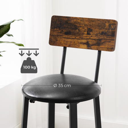 Set 2 scaune de bar cu spatar din PAL, sezut moale tapitat, 39x100x76cm, maro rustic si negru [1]