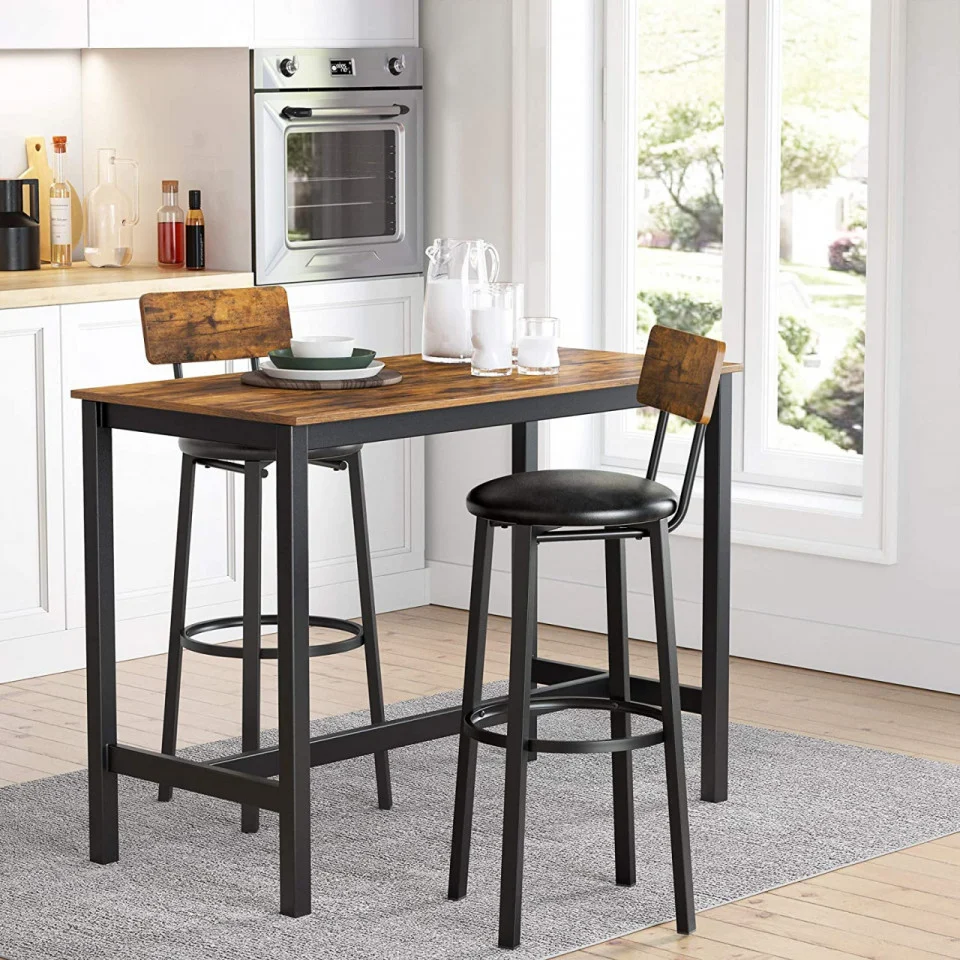 Set 2 scaune de bar cu spatar din PAL, sezut moale tapitat, 39x100x76cm, maro rustic si negru [4]