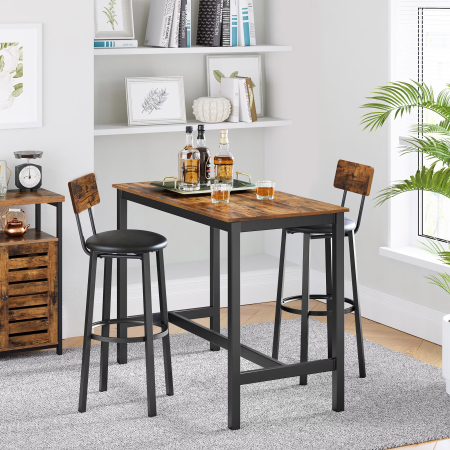 Scaune bar - Set 2 scaune de bar cu spatar din PAL, sezut moale tapitat, 39x100x76cm, maro rustic si negru