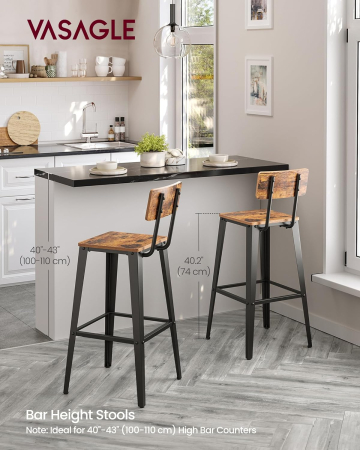 Set 2 scaune de bar, inalte cu spatar, industrial, 45x45x102cm, maro rustic si negru [2]