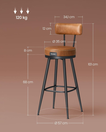 Scaune bar - set 2 scaune de bar rotative 360°, cu spatar, inaltime 101 cm, piele sintetica, cadru otel, stil modern, maro