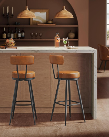 set 2 scaune de bar rotative 360°, cu spatar, inaltime 101 cm, piele sintetica, cadru otel, stil modern, maro [3]
