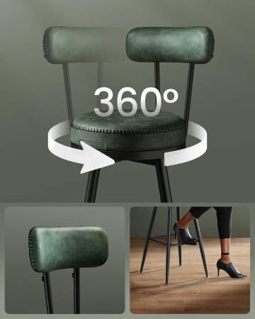 set 2 scaune de bar rotative 360°, cu spatar, inaltime 101 cm, piele sintetica, cadru otel, stil modern, verde [1]