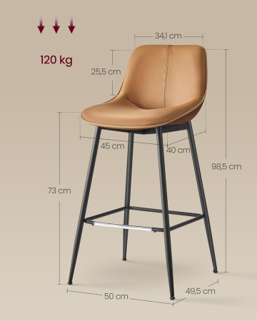 Set 2 scaune de bar, spatar ergonomic din piele ecologica, cadru metalic, 50x50x99 cm, maro caramel [1]
