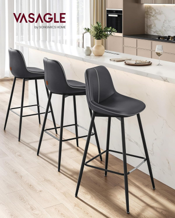 Scaune bar - Set 2 scaune de bar, spatar ergonomic din piele ecologica, cadru metalic, 50x50x99 cm, negru