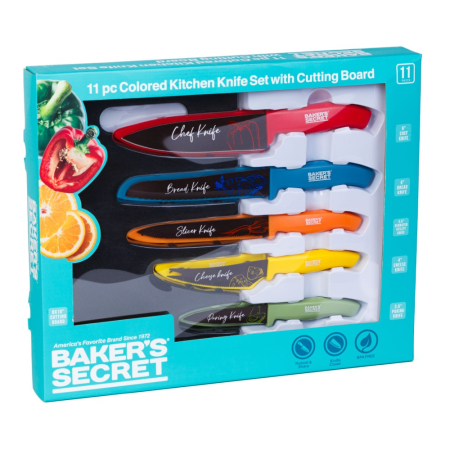 Articole pentru casă - Set 5 cuțite de bucătărie colorate cu placă de tăiat Baker's Secret