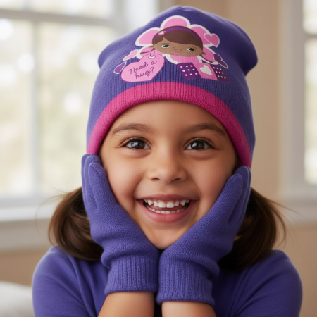 Căciuli, fulare, mănuși - Set căciulă și mănuși pentru copii Disney Dr. Plușica, mov