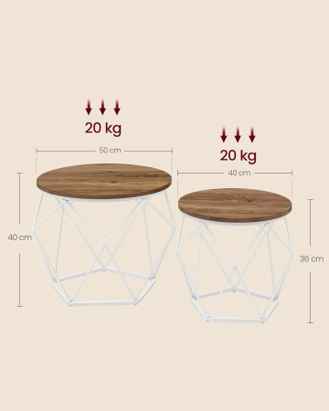 Set de 2 mese de cafea rotunde, cadru otel si blat detasabil, 40cm si 50cm, alb si maro [1]