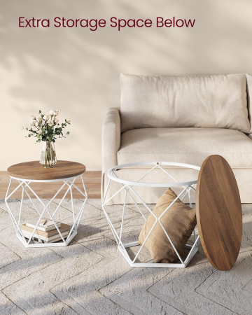 Set de 2 mese de cafea rotunde, cadru otel si blat detasabil, 40cm si 50cm, alb si maro [4]