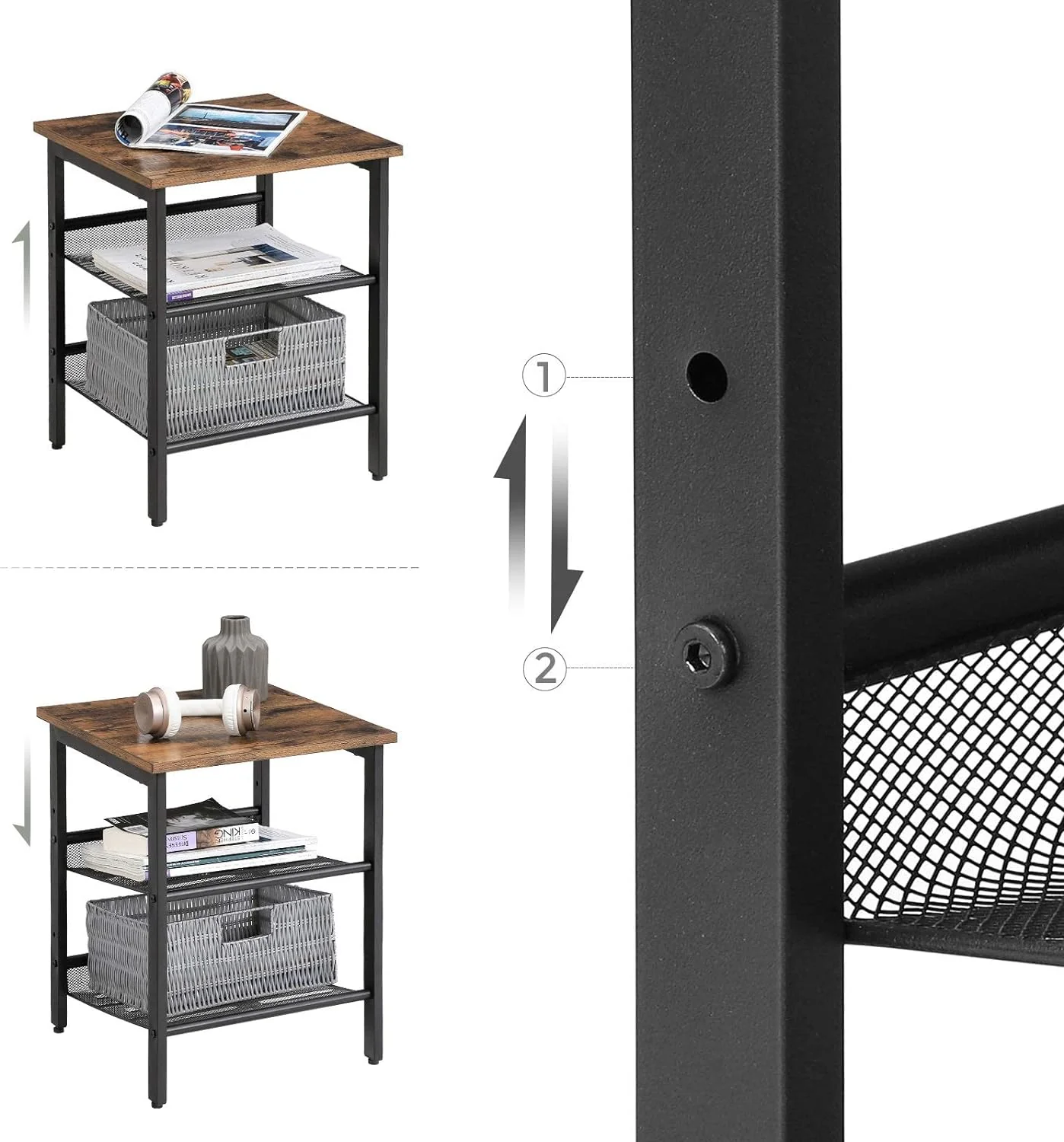 Set de 2 noptiere, cu cadru metalic, blat MDF, rafturi reglabile, 40x40x50cm, maro rustic [3]