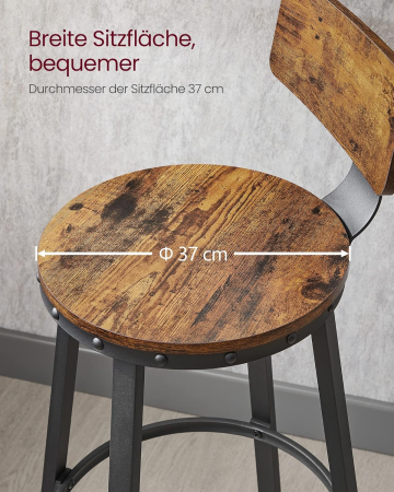 Set de 2 scaune de bar inalte cu spatar, cadru din otel, industrial, 51x89cm, maro rustic [7]