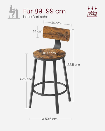 Set de 2 scaune de bar inalte cu spatar, cadru din otel, industrial, 51x89cm, maro rustic [1]