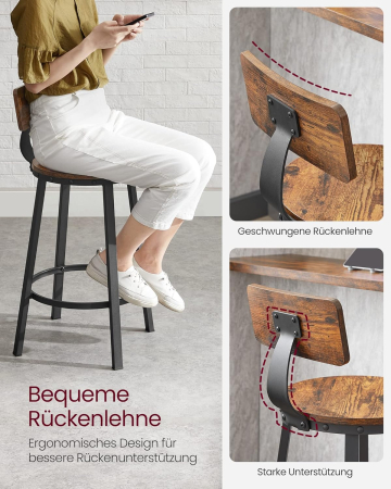 Set de 2 scaune de bar inalte cu spatar, cadru din otel, industrial, 51x89cm, maro rustic [4]
