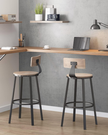 Scaune bar - Set de 2 scaune de bar inalte cu spatar, cadru din otel, industrial, 54x99cm, gri stejar