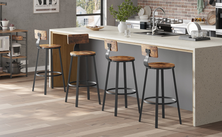 Set de 2 scaune de bar inalte cu spatar, cadru din otel, industrial, 54x99cm, maro rustic [1]