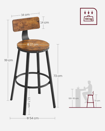 Set de 2 scaune de bar inalte cu spatar, cadru din otel, industrial, 54x99cm, maro rustic [3]
