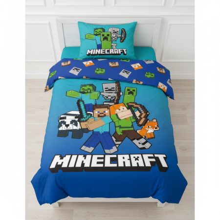 Universul Copiilor - Set de lenjerie 2 piese, Minecraft Block World 140x200cm, 65x65 cm