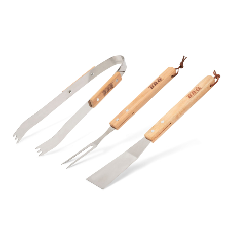 Accesorii pentru grătar - Set de ustensile cu mâner de lemn - 3 piese
