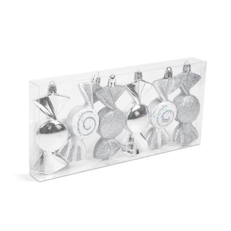 Produse de Crăciun - Set decor brad - bomboane argintii - 10 x 3,6 cm - 6 buc/set