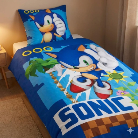Universul Copiilor - Set lenjerie de pat 2 piese copii Sonic Ariciul Coin Chase, 140×200 cm
