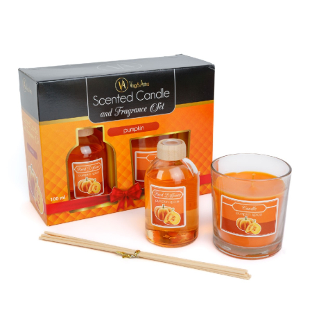 Articole pentru casă - Set lumânare parfumată și odorizant cu bețe - dovleac - 120 g + 100 ml