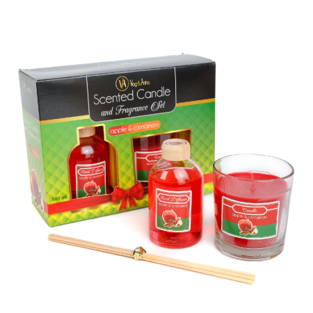Articole pentru casă - Set lumânare parfumată și odorizant cu bețe - măr & scorțișoară - 120 g + 100 ml
