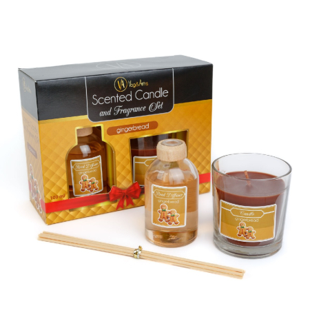 Articole pentru casă - Set lumânare parfumată și odorizant cu bețe - turtă dulce - 120 g + 100 ml