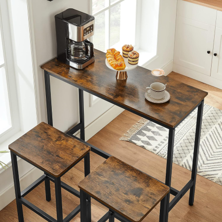 Set masa de bar cu 2 scaune, cadru din otel, blat lemn, design industrial, 100x40x90cm, maro rustic si negru [7]
