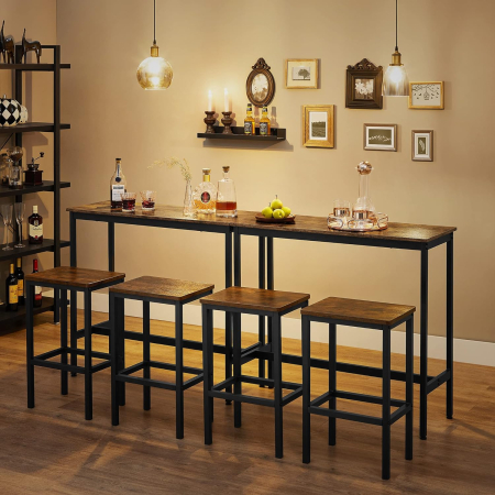 Set masa de bar cu 2 scaune, cadru din otel, blat lemn, design industrial, 100x40x90cm, maro rustic si negru [5]
