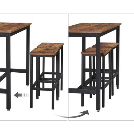 Set masa de bar cu 2 scaune, cadru din otel, blat lemn, design industrial, 100x40x90cm, maro rustic si negru [11]