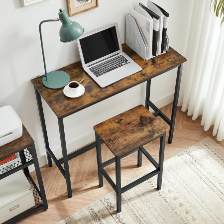 Set masa de bar cu 2 scaune, cadru din otel, blat lemn, design industrial, 100x40x90cm, maro rustic si negru [6]