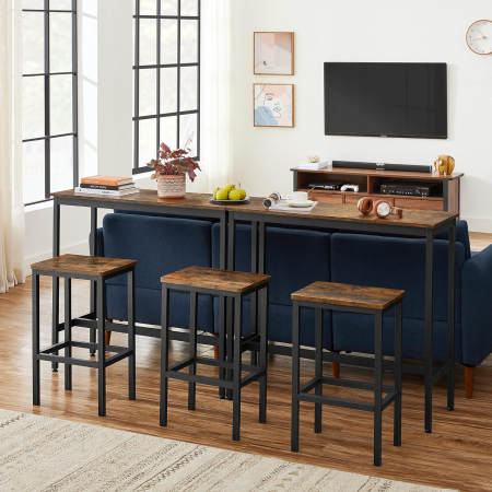 Set masa de bar cu 2 scaune, cadru din otel, blat lemn, design industrial, 100x40x90cm, maro rustic si negru [10]