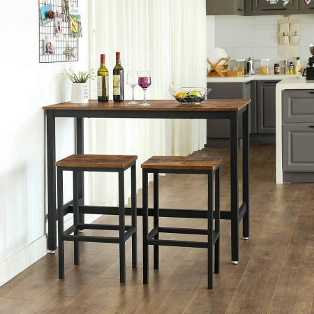 Set masa de bar cu 2 scaune, cadru din otel, blat lemn, design industrial, 100x40x90cm, maro rustic si negru [13]