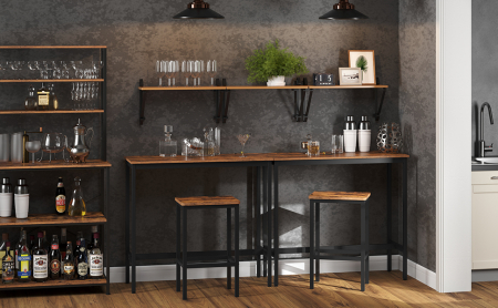 Set masa de bar cu 2 scaune, cadru din otel, blat lemn, design industrial, 100x40x90cm, maro rustic si negru [2]