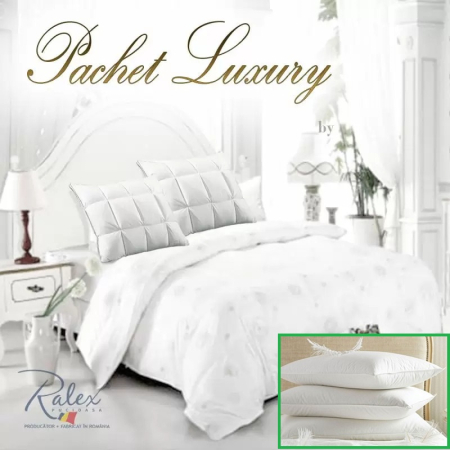 Textile pentru casă - Set pilota casetata din puf gasca + 2 perne, pucioasa, alba