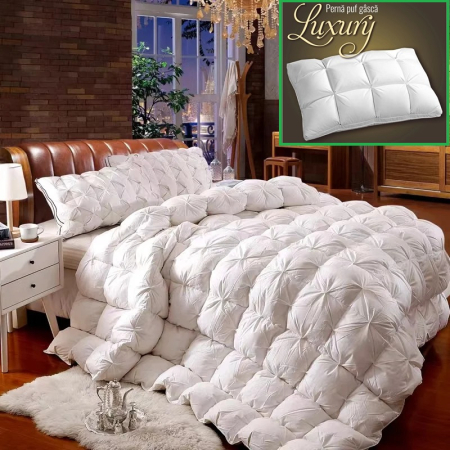 Textile pentru casă - Set pilota casetata luxury din puf gasca + 2 perne luxury