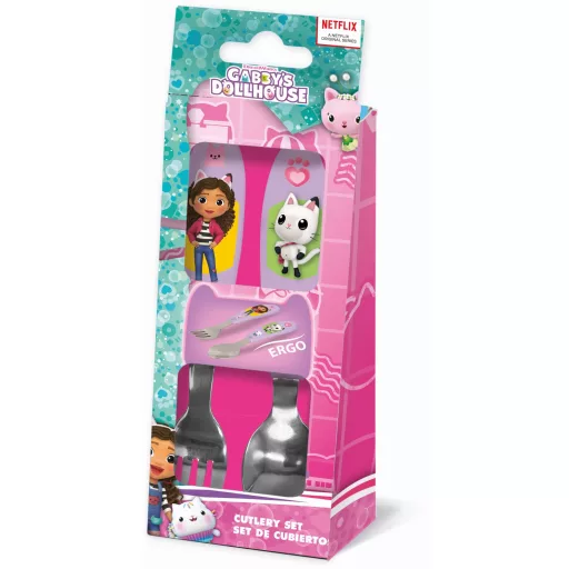 Universul personajelor preferate - Set tacâmuri metalice Gabby’s Dollhouse Wonderland, 2 piese, model ergonomic