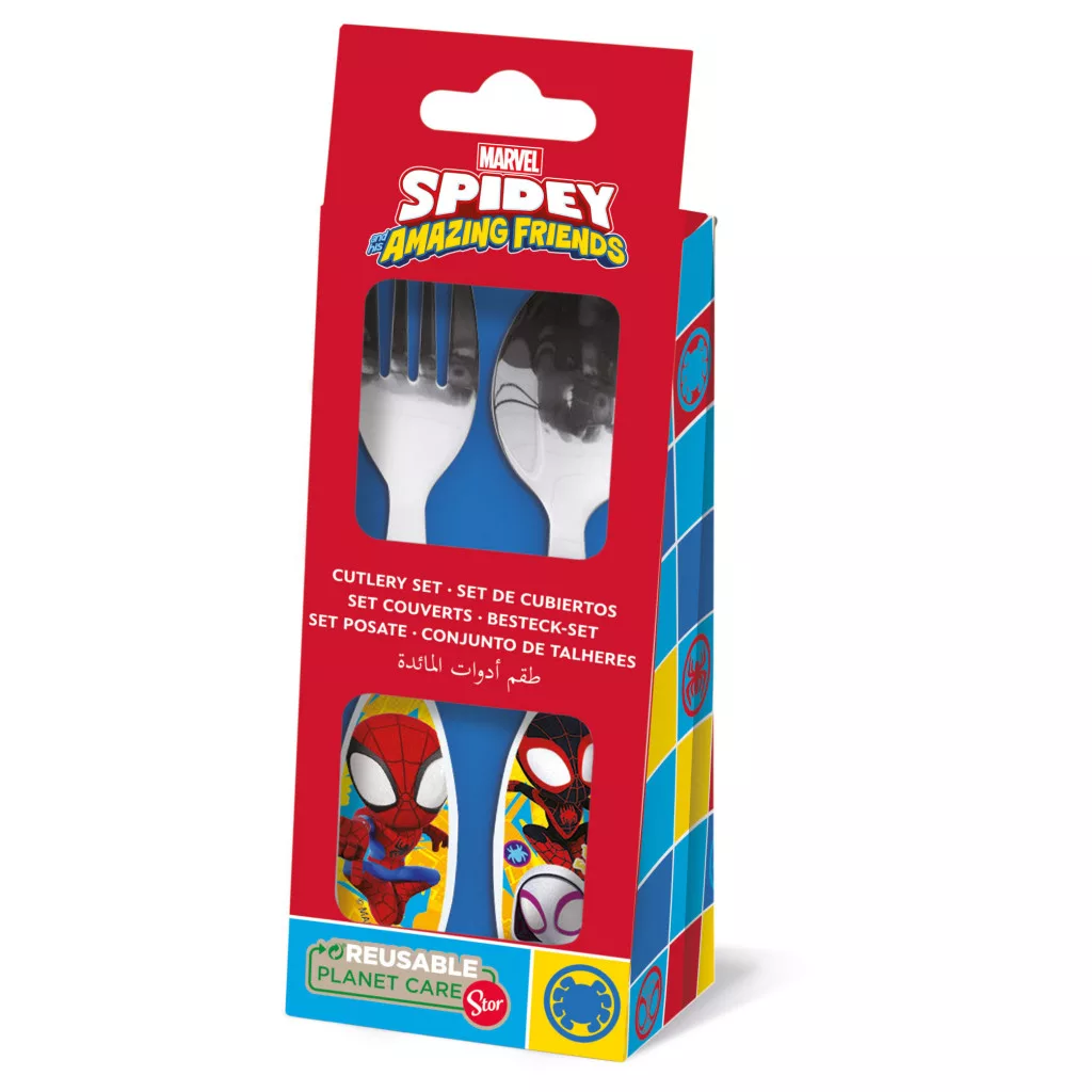 Universul Copiilor - Set tacâmuri metalice Spidey Friends, 2 piese, model ergonomic