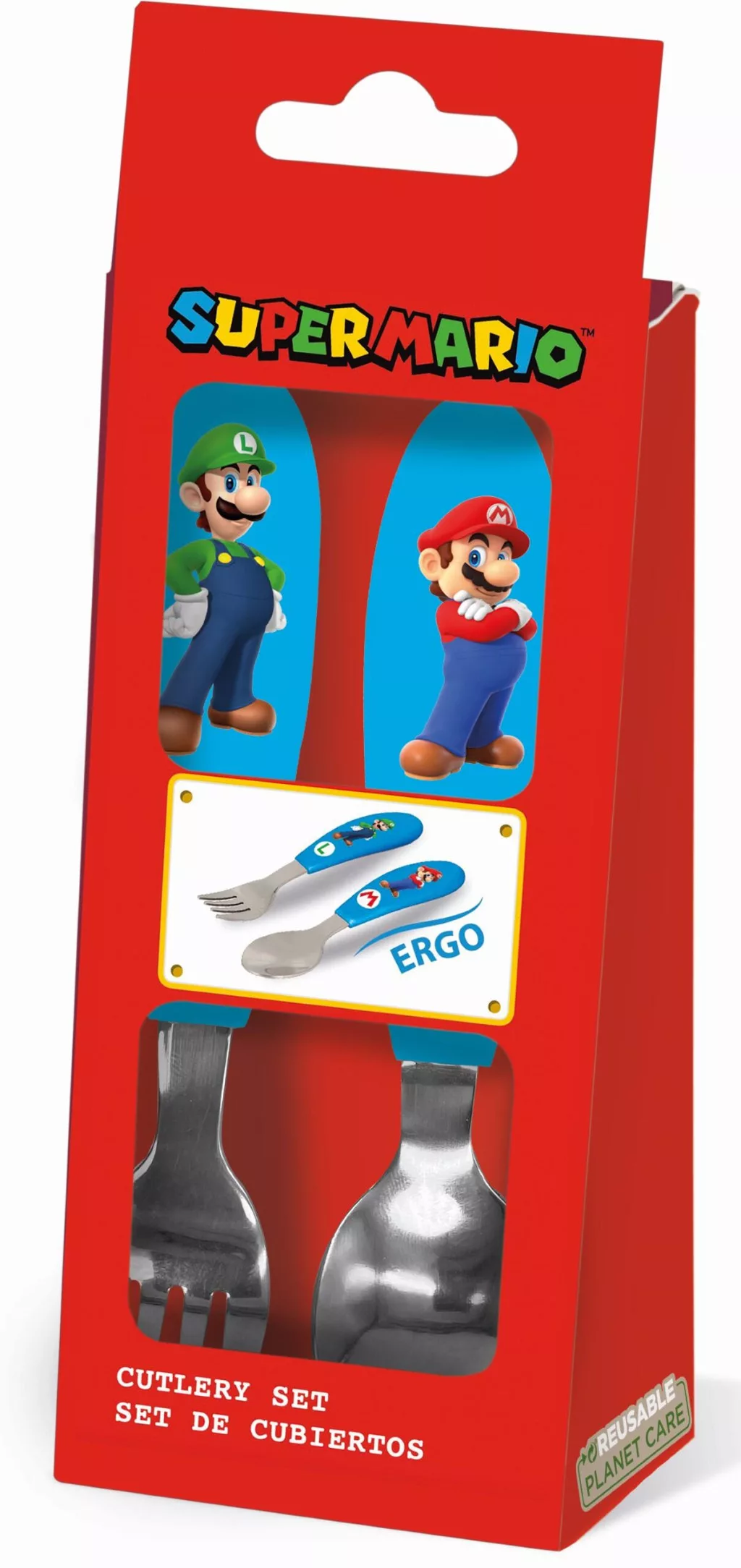 Super Mario - Set tacâmuri metalice Super Mario Brothers, 2 piese, model ergonomic