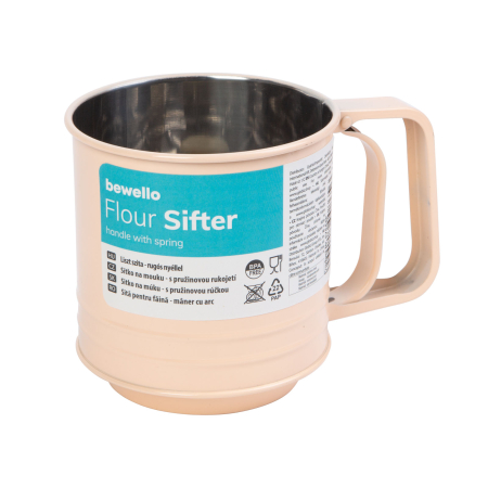 Articole pentru casă - Sită de făină - mâner cu arc - culoare piersică - 15,5 x 10 x 13,2 cm