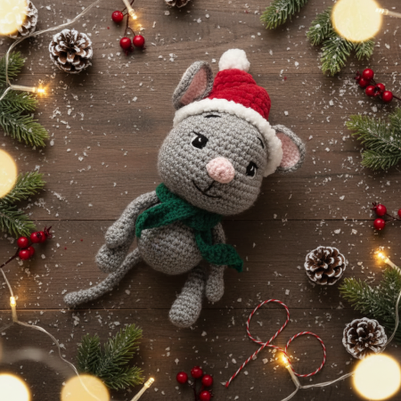 Atelierul Familino - Pluș Handmade Șoricel de Crăciun Croșetat Manual