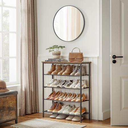 Suport pantofi 75x30x91 cm, 5 niveluri, rafturi textile si blat PAL, cadru metalic, maro rustic si negru [6]