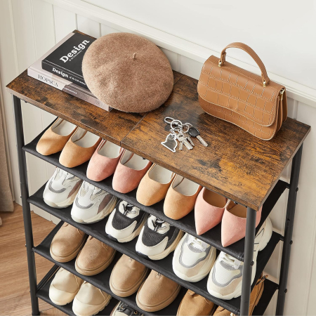 Suport pantofi 75x30x91 cm, 5 niveluri, rafturi textile si blat PAL, cadru metalic, maro rustic si negru [3]