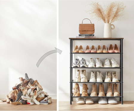 Suport pantofi 75x30x91 cm, 5 niveluri, rafturi textile si blat PAL, cadru metalic, maro rustic si negru [2]