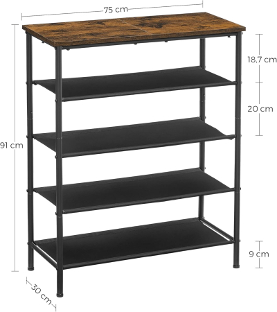 Suport pantofi 75x30x91 cm, 5 niveluri, rafturi textile si blat PAL, cadru metalic, maro rustic si negru [1]