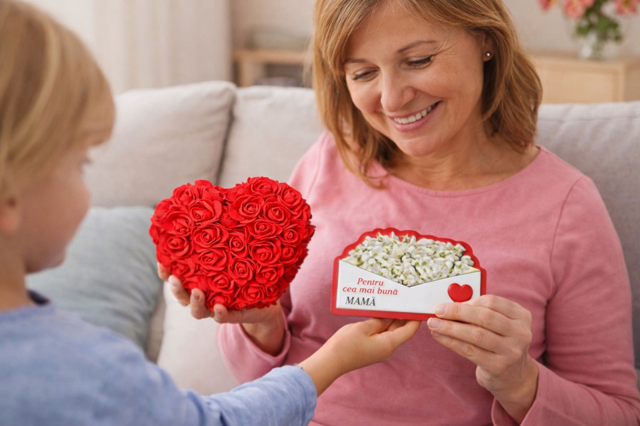 Cadou 8 martie Inima din Trandafiri 15x15cm Flori de Spuma si magnet [2]