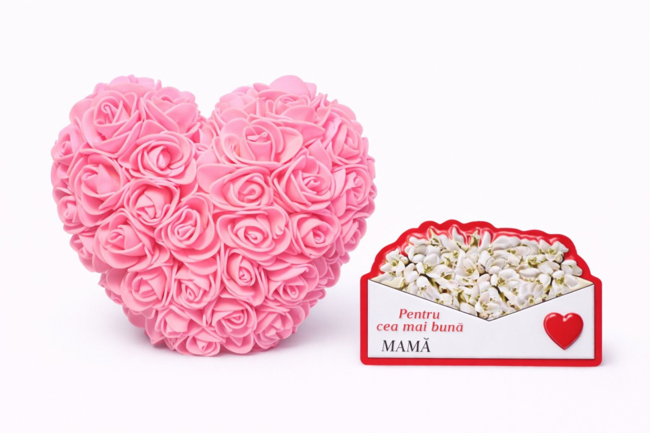 Cadou 8 martie Inima din Trandafiri 15x15cm Flori de Spuma si magnet [2]